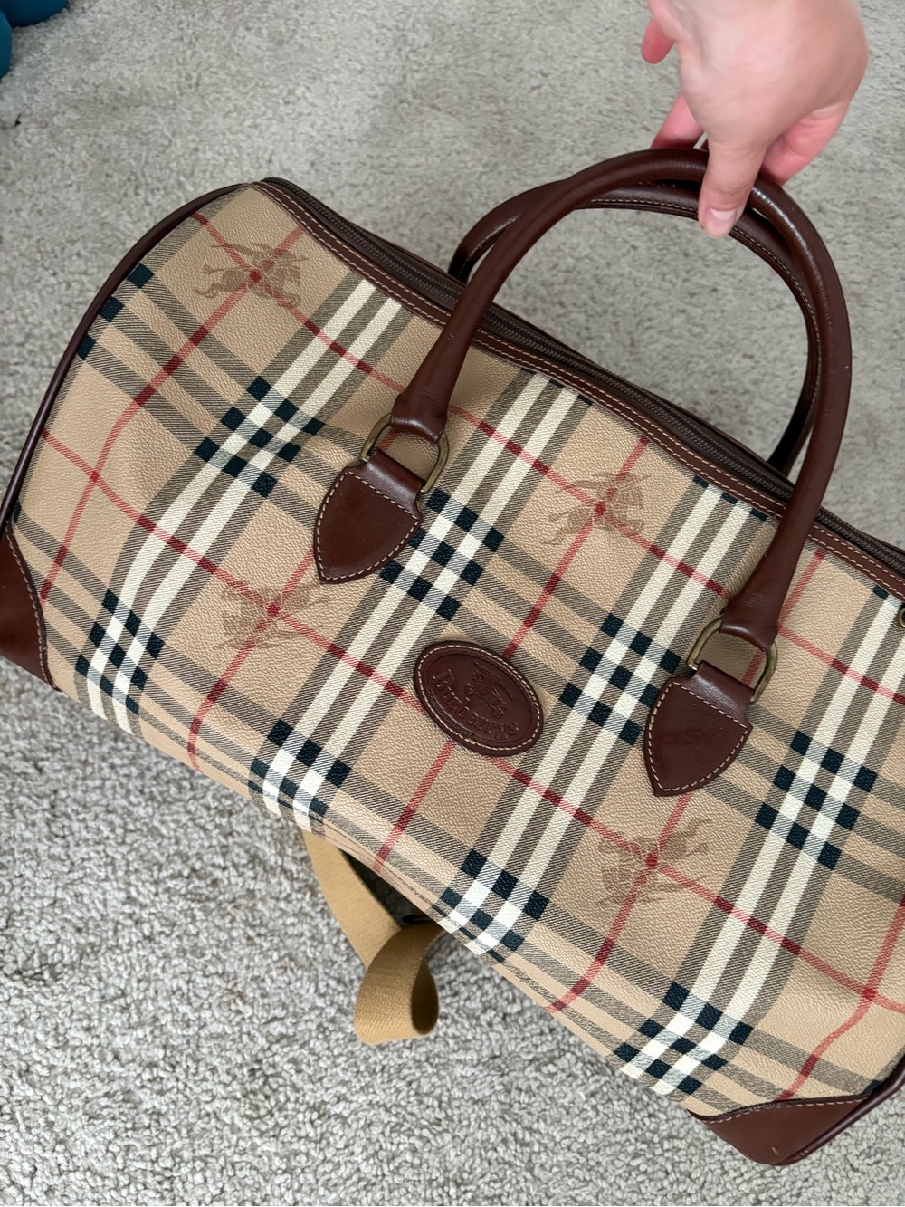 Burberry Tan Plaid Duffel with Brown Leather Trim
